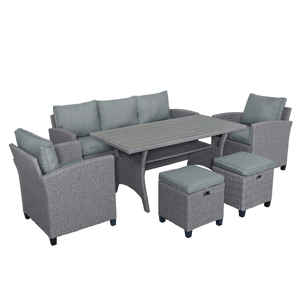 

6 Piece Outdoor Rattan Wicker Set Patio Garden Backyard Sofa, Chair, Stools and Table with Cushion