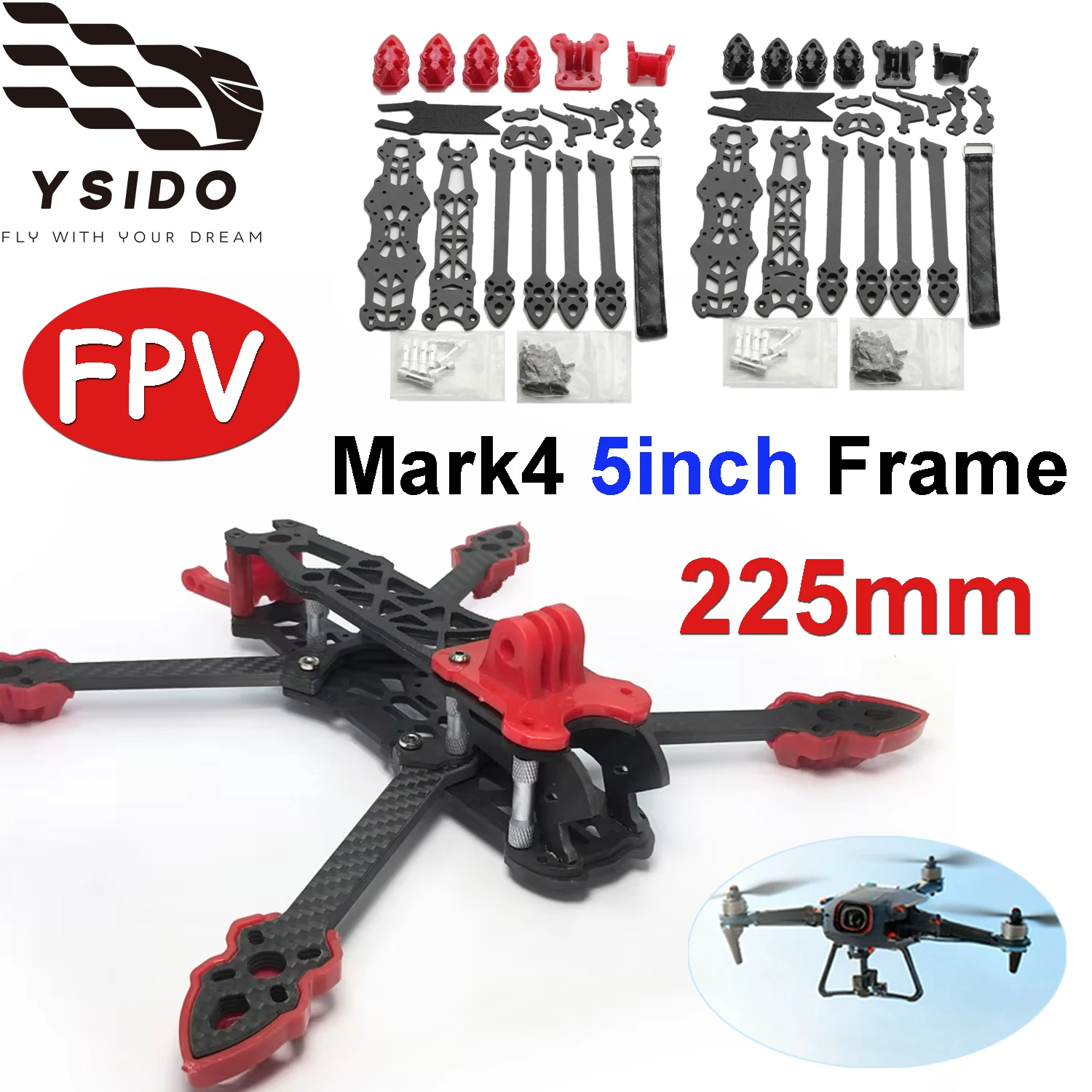 Mark4 5-Zoll-Rahmen 225mm Radstand FPV Carbonfaser-Rahmen 5mm Arm für RC FPV Freestyle Langstrecken-Renndrohnen-Quadcopter-Teile