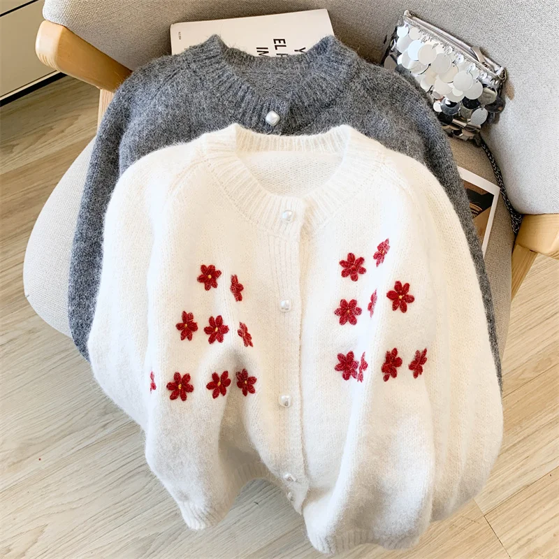 Women's Winter Casual Knitwear Cardigan Floral Y2K Harajuku Cute Aesthetic 2000S Style Retro Top Warm Sweater Clothes 2025 New