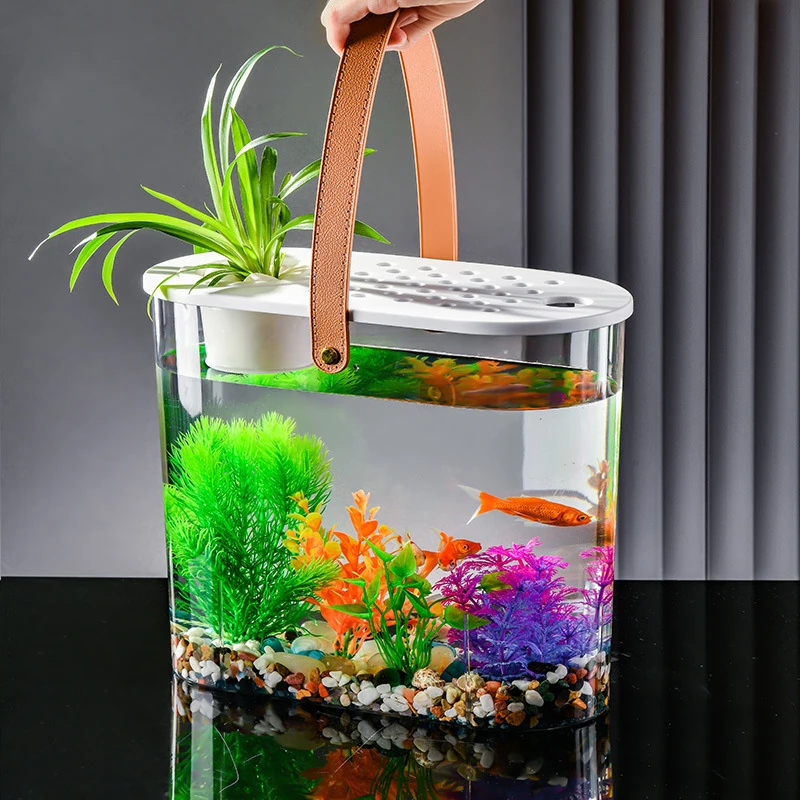 Creative Desktop Goldfish Tank With Green Plants Transparent Small Fishbowl With Cover Oval Aquarium Turtle Hydroponic Fish Tank