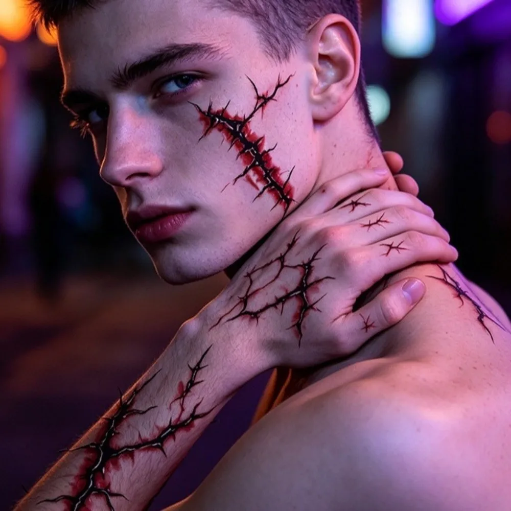 Simulated Scar Halloween Temporary Tattoo Sticker Waterproof Realistic Halloween Face Tattoo Stripe Crack Mark Body Art Decal