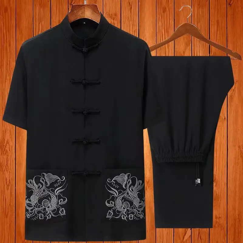 summer-short-sleeve-cotton-linen-set-for-dad-and-grandpa-comfortable-breathable-men's-clothing-mid-aged-and-elderly-size