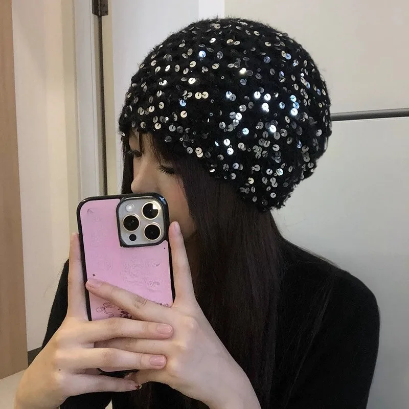 

Korean Fashion Sequins Hollow Pullover Hat for Women's Spring and Autumn Weaving Y2k Personality Breathable Skull Beanie Caps