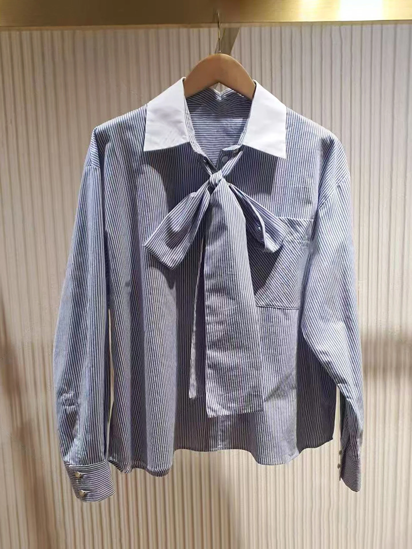 

M Home Nan You High End Women's irt 2025 Autumn College Sle Turn Collar Bow Tie Stripe Top Ele Commute Sle Loose Fit