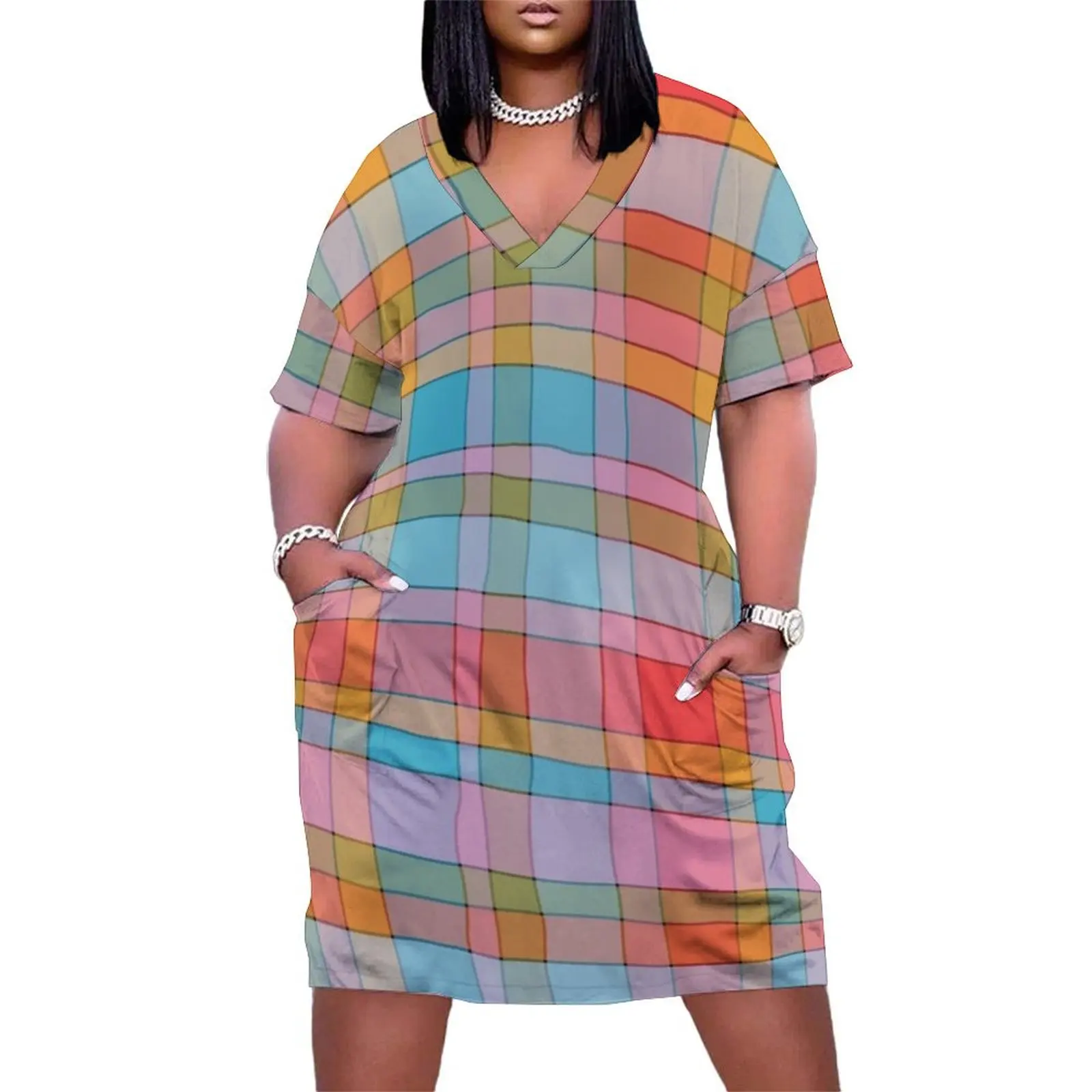 Funky Madras-Robe à carreaux avec poches pour femme, motif à carreaux, rouge, bleu, rose, vert, Ochre, été, 2024