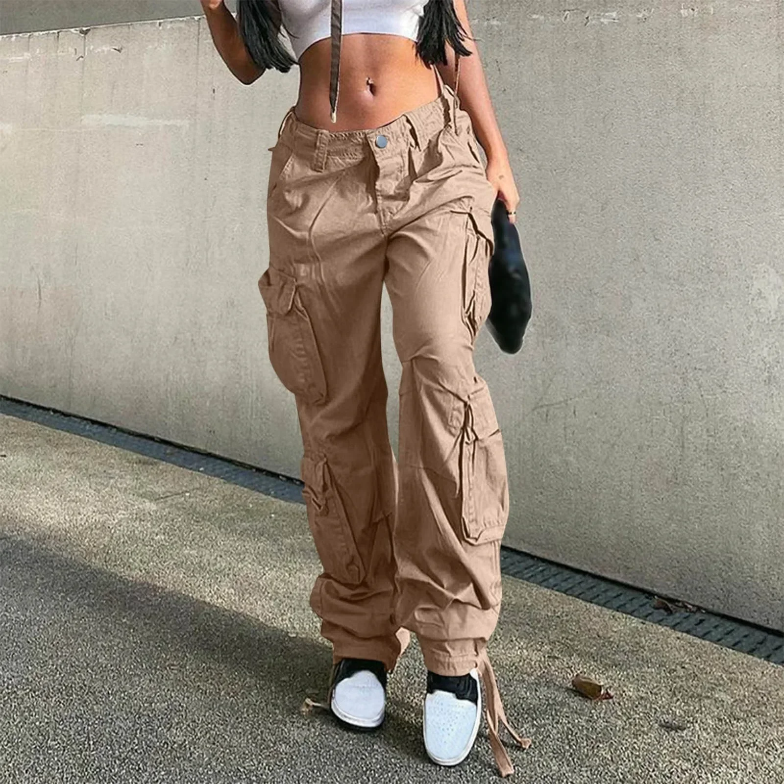 Women High Waist Baggy Cargo Pants Cargo Jeans Jogger Pocket Loose Fit Straight Wide Leg Sweatpants All-Math Plain Outfits