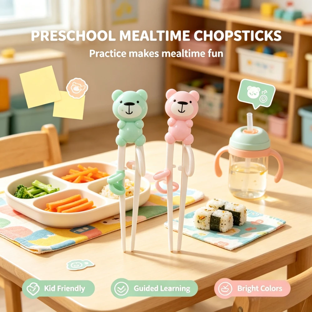 Cute Bear Training Chopsticks Set | Ergonomic Finger Loop Design for Easy Grip — Toddler Self-Feeding Practice Utensils & Safe Dining Gift