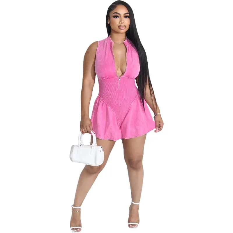 

Washed Women Playsuits Solid Mock Neck Sleeveless Zipper Front Flare Rompers 2024 Summer Streetwear Sexy Night Club Party Outfit