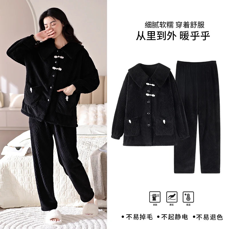 

Newest Winter Thick Warm WomenFlannel Pajamas Set Female Turn-down Collar Home Clothing