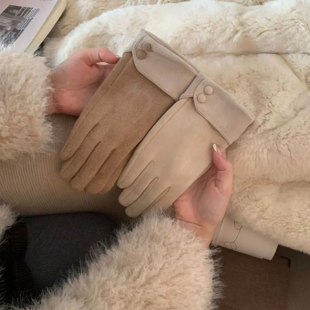 Womens Warm Winter Gloves Soft Velvet Lined Mittens Elegant Button Design Touch Screen Windproof Outdoor Riding Equipment