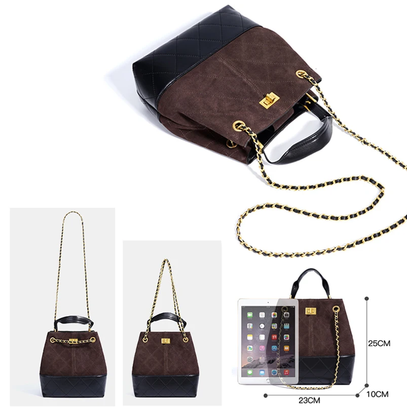 حقيبة نسائية من الجلد الطبيعي حقيبة دلو فاخرة مع حزام سلسلة مبطن بسعة كبيرة حقيبة كتف محمولة باليد