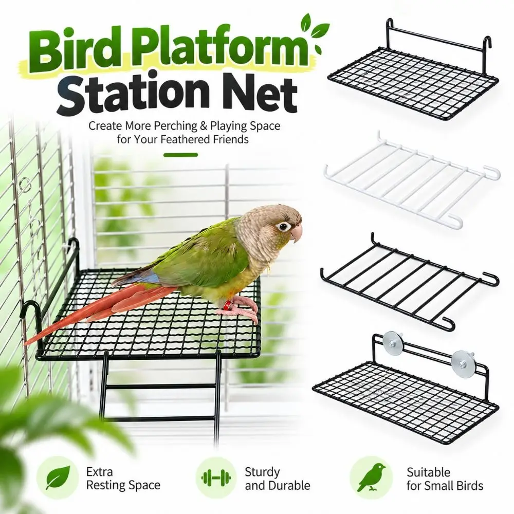 Metal Wire Bird Platform Station Net Hook and Screw Mount Grid Mesh Parrot Standing Platform Black and White Rest Platform Style