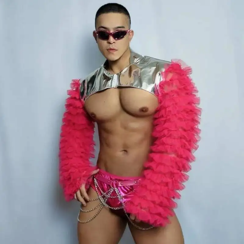 Muscle Man Gogo Dancer Costume Lace Sleeves Coat Laser Shorts Men Sexy Pole Dance Clothing Nightclub DS DJ Stage Wear view 6