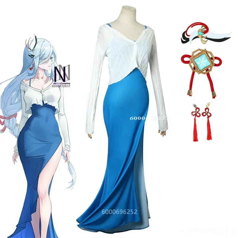 Genshin Impact Game Shenhe Cosplay Dress Wig Costume Daily Blue Dress Casual Wigs Halloween Costumes for Themed Events Hot Sa*.1