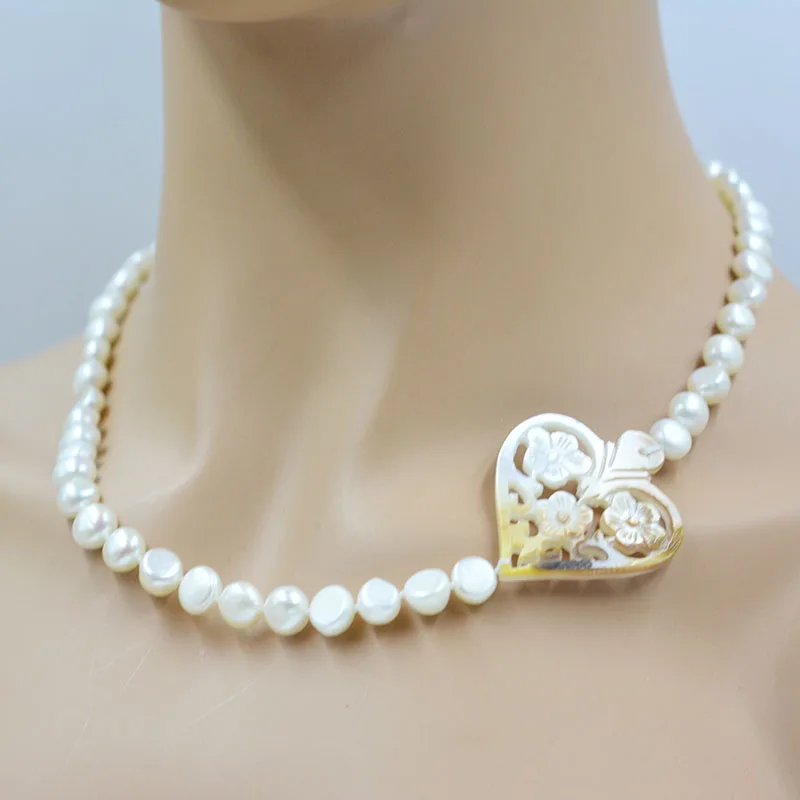 8MM natural white freshwater Baroque pearl/shell necklace. Charming Women's Party Jewelry 19”