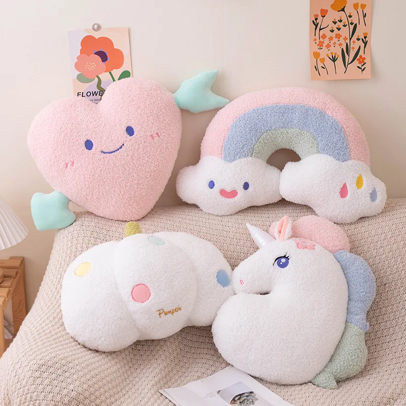 

Soft Plush Rainbow Throw Pillow Stuffed Heart Pumpkin Hug Cushion Unicorn Plush Toy Massage Pillow for Girl Bedroom