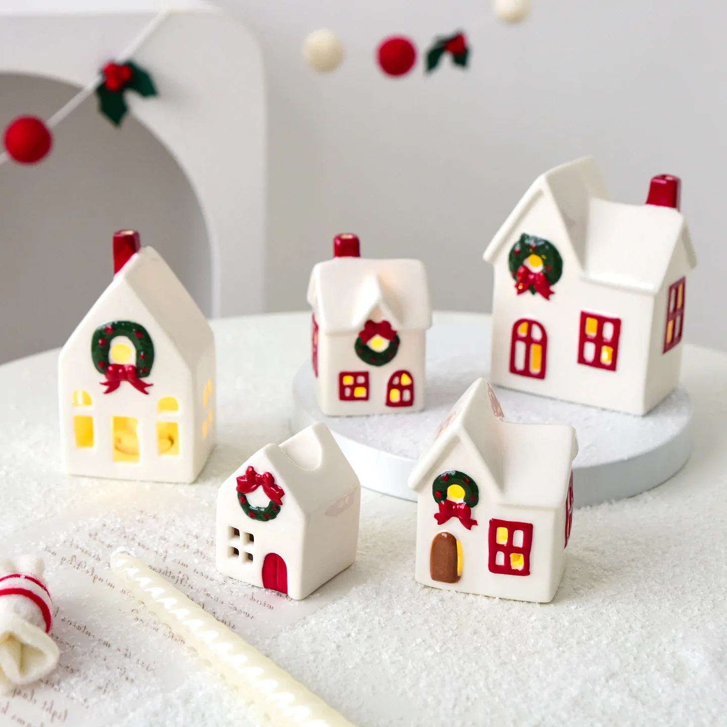 Nordic Ceramic Christmas House with Light, Glowing Snowy Village Tabletop Decor, LED Light Up Winter Cottage Centerpiece