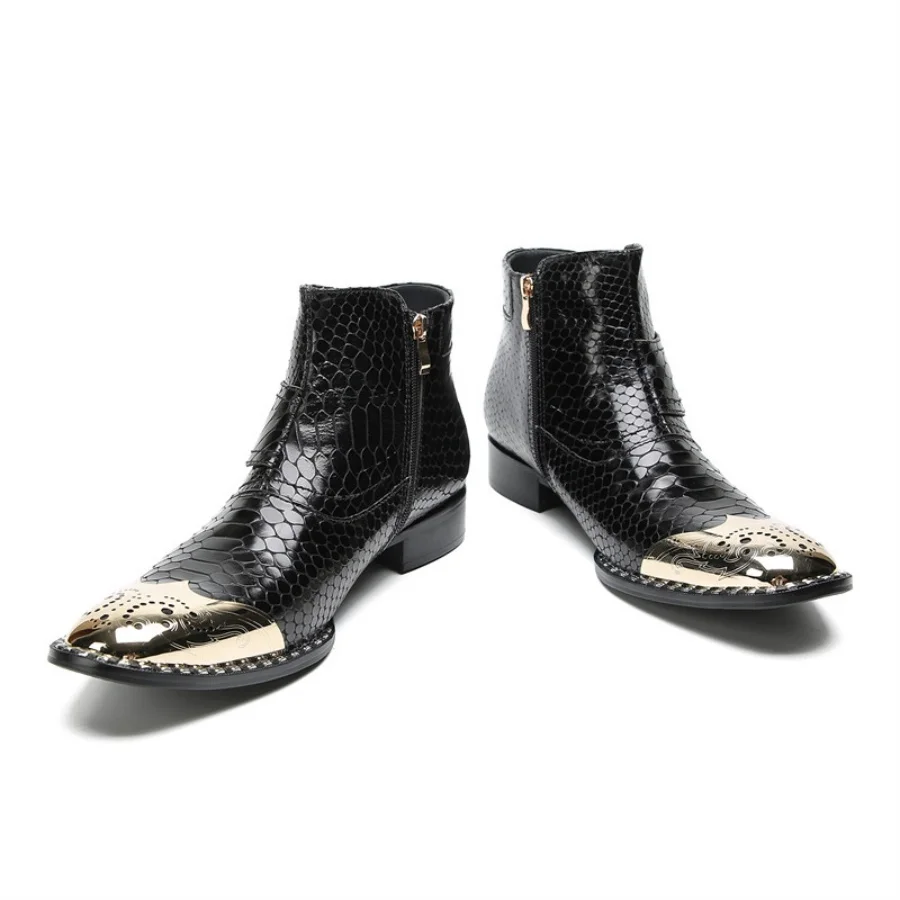 Men's Snake Print Chunky Heel Chelsea Boots Black Gold Red Metallic Cap Toe Buckle Strap Side Zipper Western Dress Party Shoes