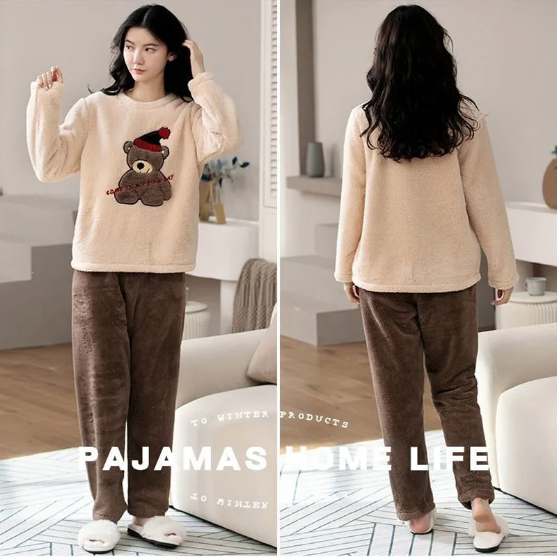 2pcs/Set Large Size Padded Thickened Warm Fall And Winter Women\'s Pajamas Long-Sleeved Long Pants Set Coral Velvet Cartoon Bear