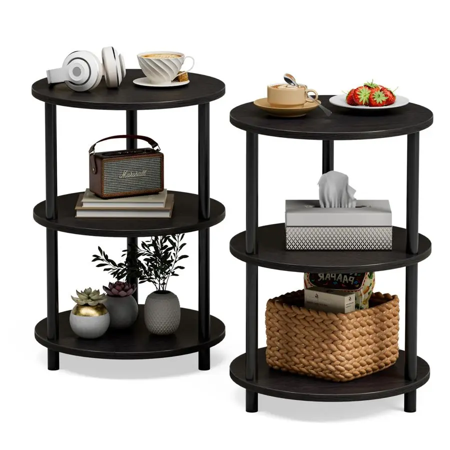 

Round End Table 3 Tier Design Accent Table, Narrow Side or Bedside Stand, Industrial Vintage Nightstand for Bedroom, Living Room