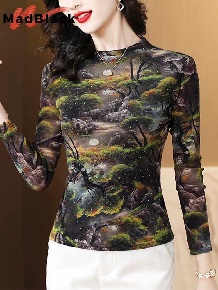 

MadBlack European Clothes Tshirt Women Sexy Crew Collar Print Beaded Slim Mesh Top Long Sleeve Elastic Tee Fall Winter T39960JD