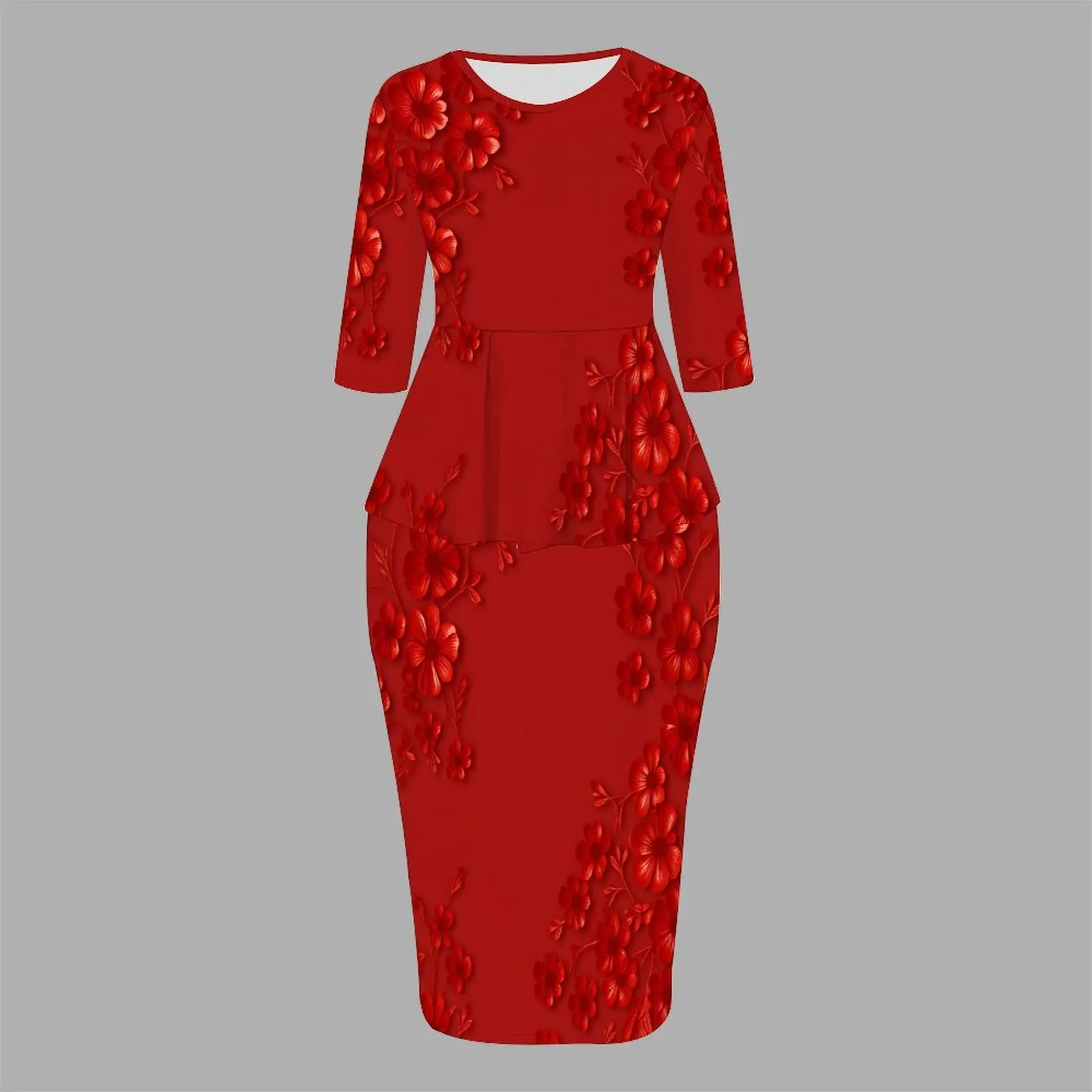 Retro Elegant Printed Party Two-piece Set Autumn and Winter Crew Neck Three-quarter Sleeve  Ladies Tight-fittingknee-lengthskirt