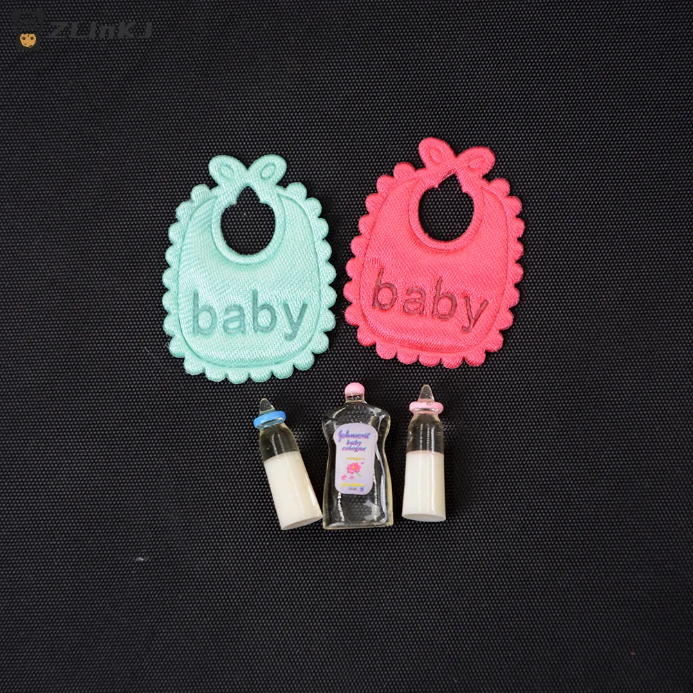 ▶ 5-teiliges Set 1:12 Puppenhaus Miniatur Babyflaschen Shampoo Lätzchen Set Kinderzimmer Zubehör Geschenk