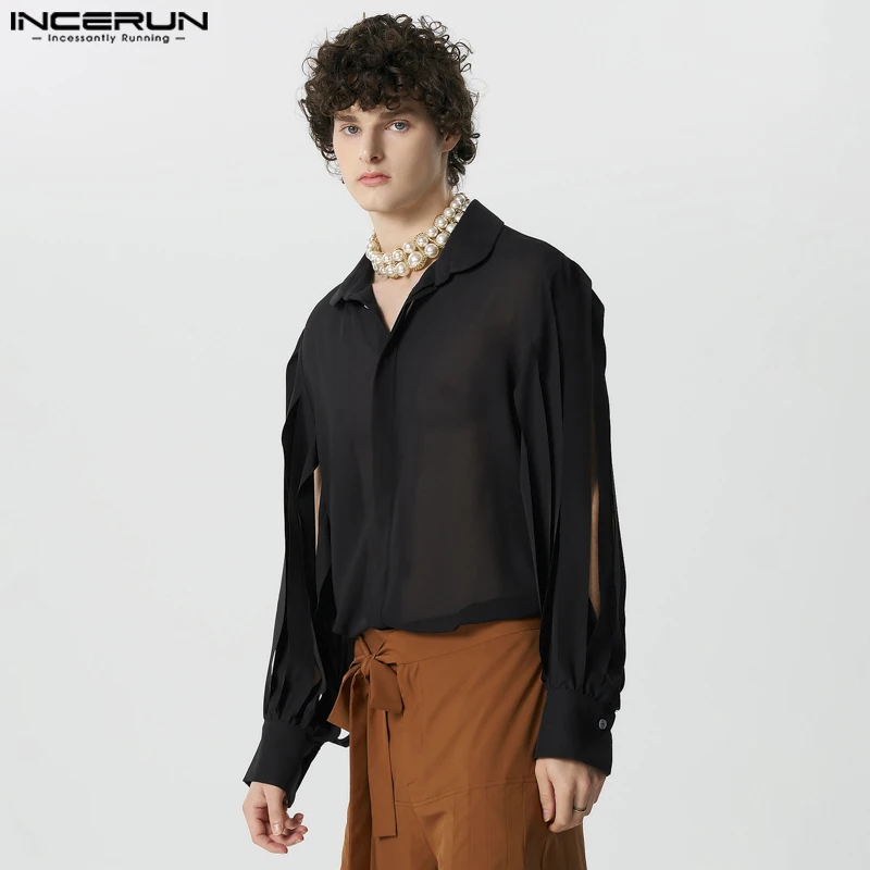 2024 Men\'s Shirt Mesh Patchwork Lapel Long Sleeve Hollow Out Men Clothing Transparent Streetwear Fashion Casual Camisas INCERUN