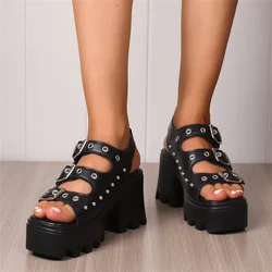 European and American New Metal Rivet Open Toe Roman Women's Sandals Matsutake Sole High Heel Personalized Women's Sandals