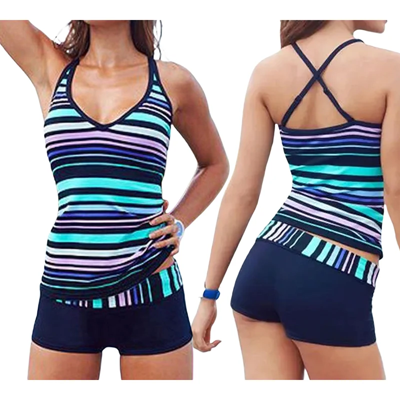 2 Pcs/Set Swimwear Women Retro Swimsuit Bikini Set V Neck Colored Striped Print Push Up Bathing Suit Tankini Boyshort Beachwear