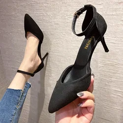 Spring and Autumn High Heel Women New FashionThin Heel Professional Pointed Black Buckle Strap Single Shoe Women Zapatos Mujer