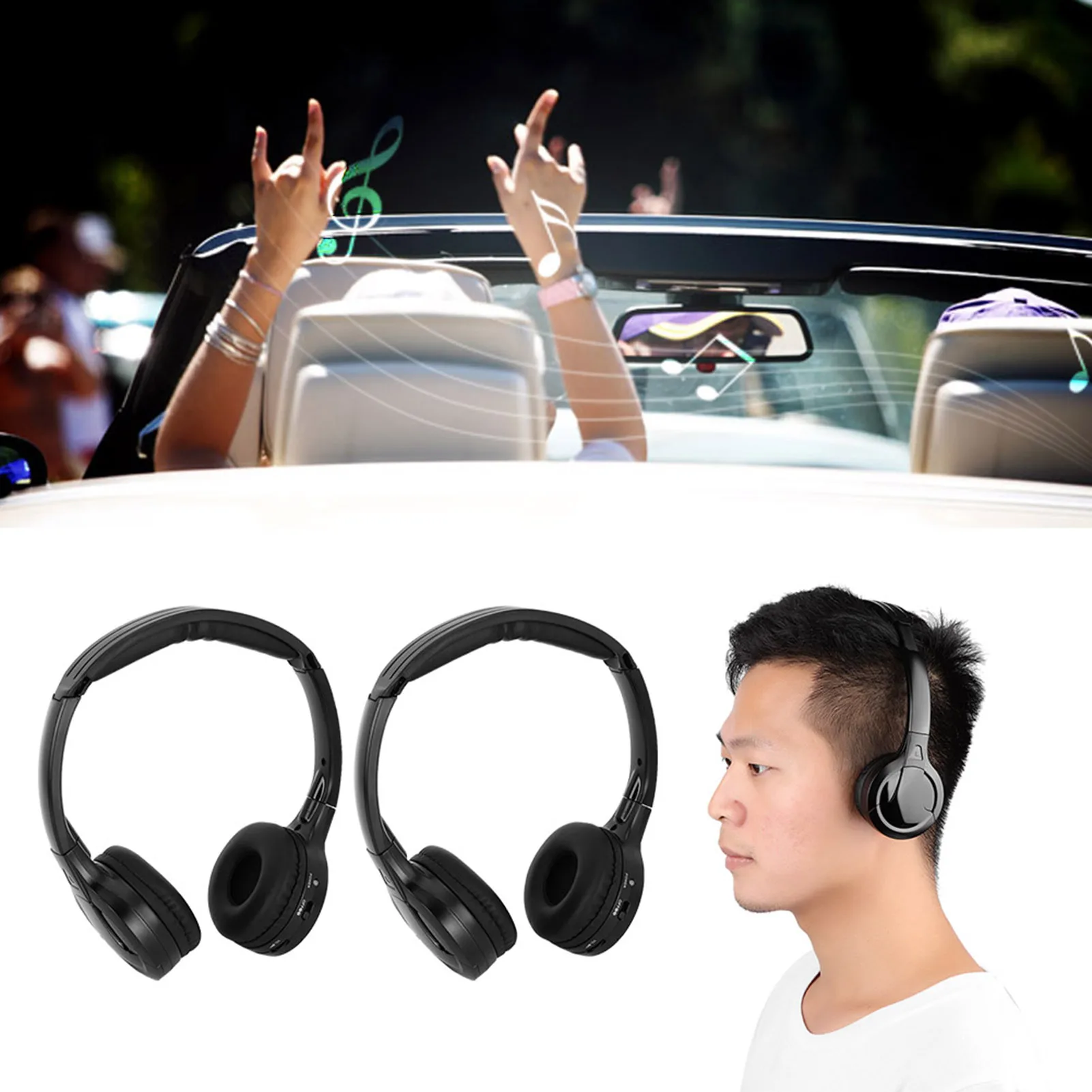 2 Channel Cordless Infrared IR Stereo Audio Headphone Earphone Foldable Auto Headset Earphone for Car Headrest DVD