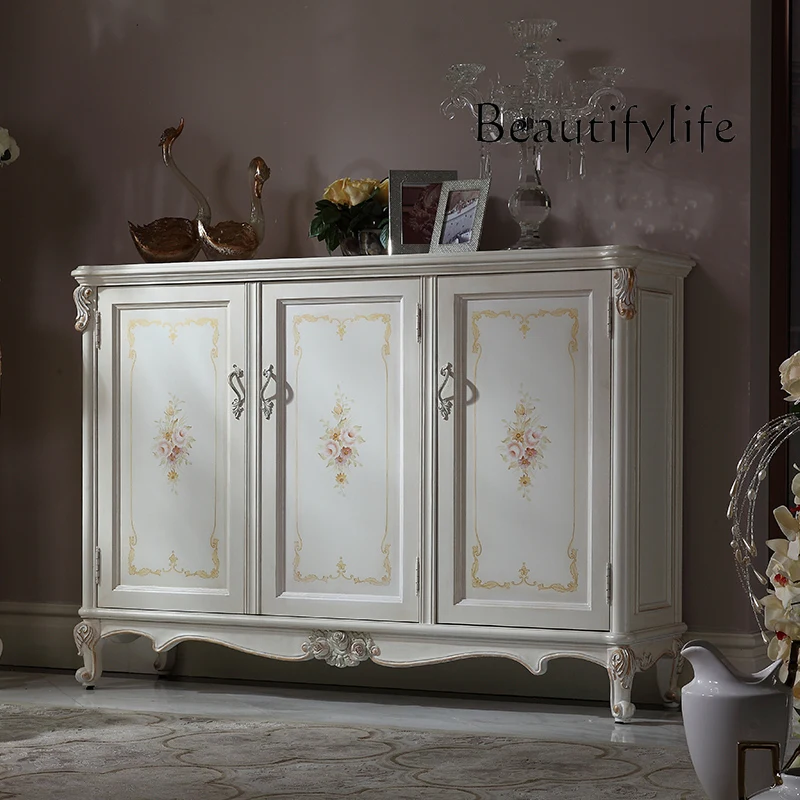 European-style all-solid wood home shoe cabinet household door storage painted foyer cabinet retro complete storage cabinet