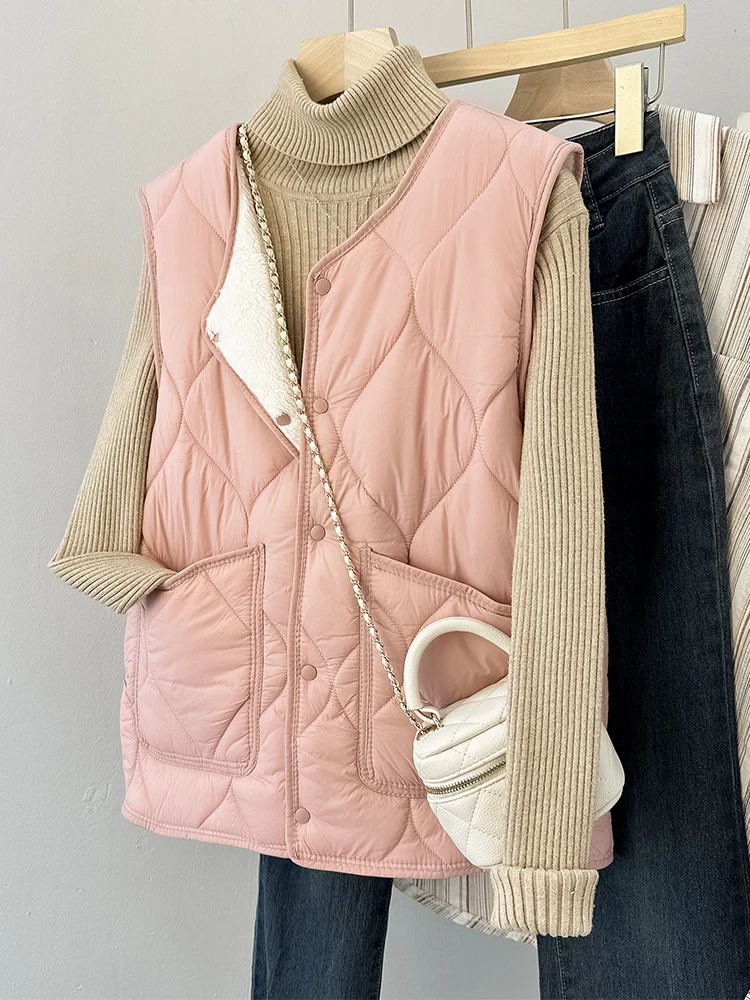 

Women's Fce Lined Thiened Loose Large Size down Cotton Vest Home Warmth ort Sle round Ne Single Button Closure