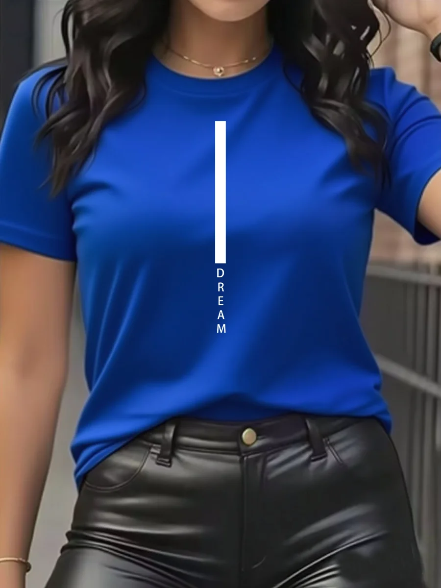 تي شيرت نسائي صيفي فضفاض مريح غير رسمي مطبوع عليه حروف حلمية عصرية برقبة دائرية تي شيرت نسائي