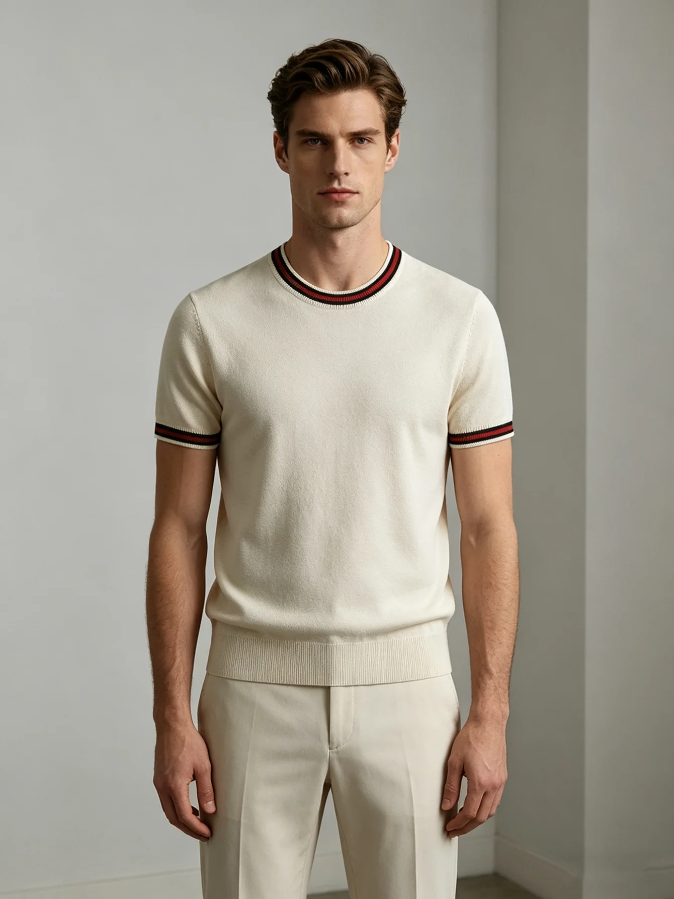 The Light White Short-Sleeved Knit Shirt Is Suitable for Pairing with Trousers or Khaki Pants. It Is Suitable for Light Business