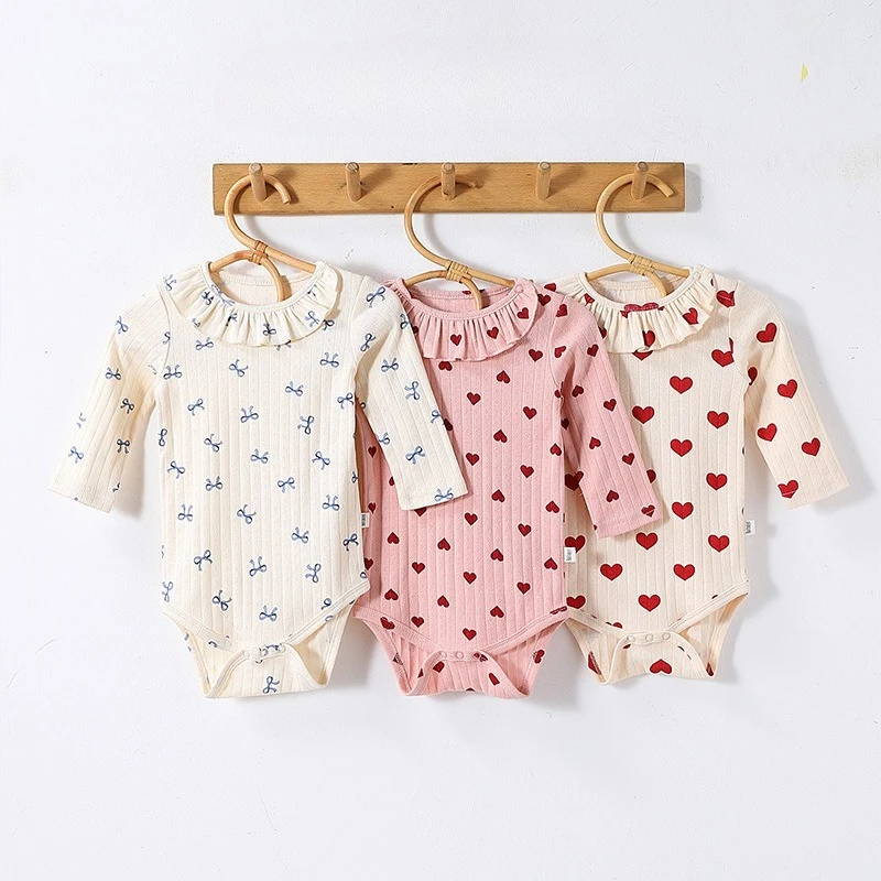 Newborn Baby Boy Clothes Kawaii Heart & Bow Pattern Lace Collar Romper Non-toxic, Soft & Comfortable Ropa De Bebe 100% Cotton