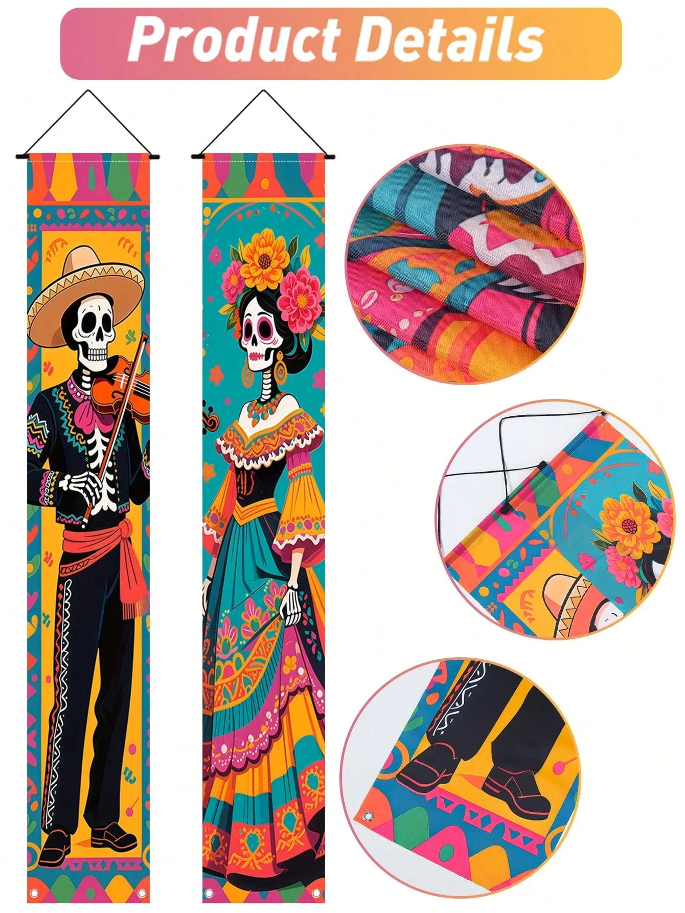 Tag der Toten Veranda-Banner-Set: Mariachi-Mann, Catrina, Zucker-Schädel Vertikale Hängeflaggen für Mexikanische Halloween-Party Frontdekoration – Detail 7