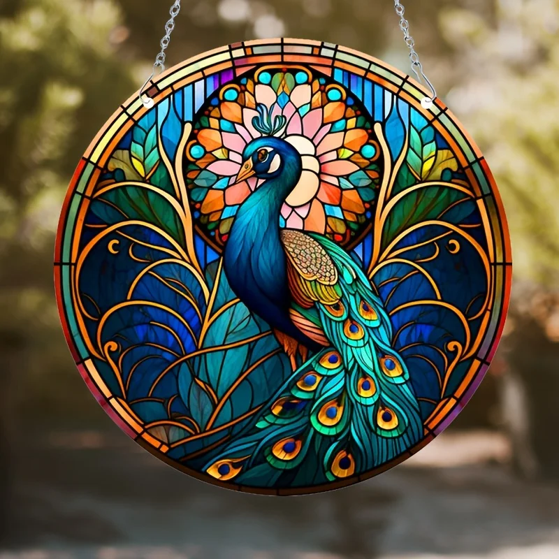 1PC Peacock Suncatcher Wall Sign Round Dyed Acrylic Window Hanging with Metal Chain for Home Room Decor Gift for Friends