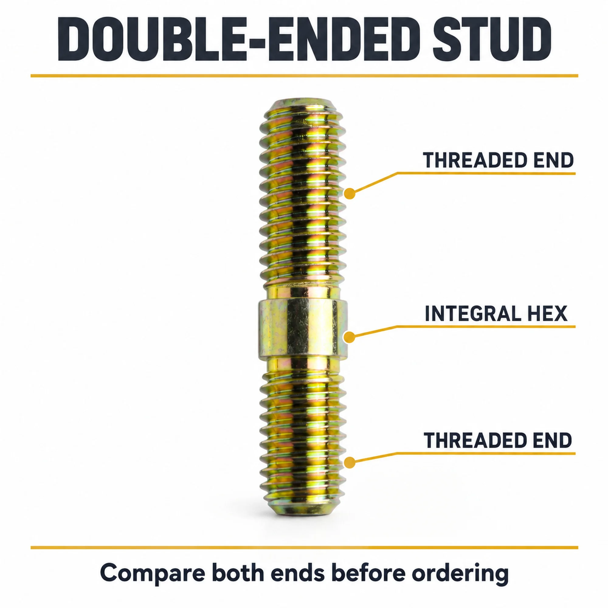 10pcs Go Kart Double Ended Threaded Stud Joint Pins with Integral Hex Center Yellow Gold Finish