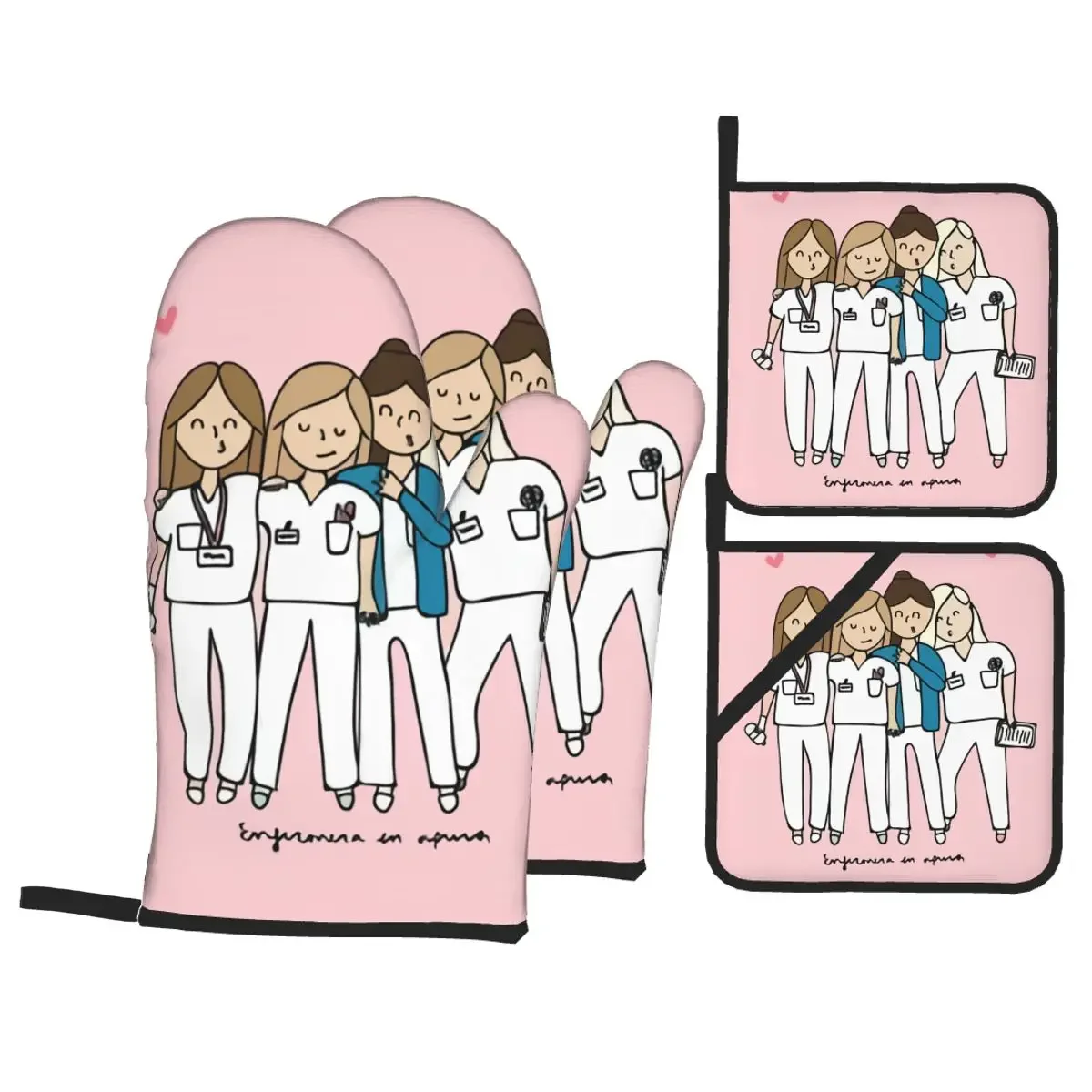 

Best Friendship Medica Doctor Nurse Oven Mitts and Pot Holders Sets of 4 for Baking Heat Resistant BBQ Kitchen Gloves Potholders