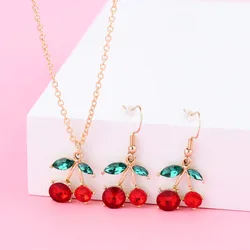 Luoluo&baby Red Cherry Earrings and Necklace for Women Personality Fashion Necklace Wedding Jewelry Birthday Gifts