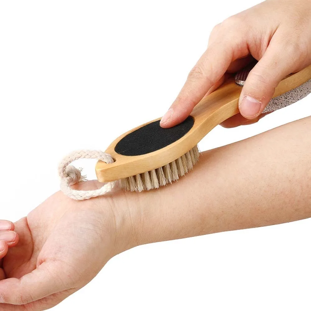 

Handheld Wooden Handle Foot File Four in One Design Non-slip Handle Foot Rub Scrubber with Hanging Hole Comfortable Grip