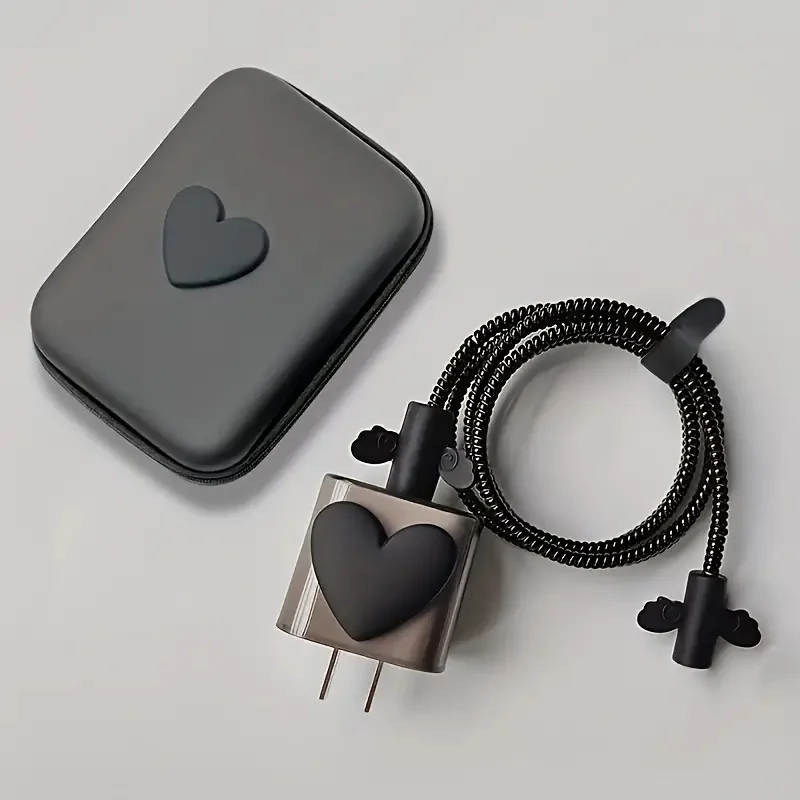 Korea Cute 3D Love Heart + EVA Storage Bag Set Charger Cover For IPhone 11 12 13 14 15 18W-20W Charge Correa Protection Sleeve