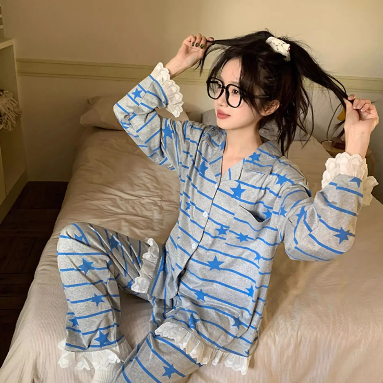 Korean Spring and Autumn Collection Color Contrasting Pentagram Stripe Nightwear for Women 2025 New Lace Lace Set Home Wear Oute