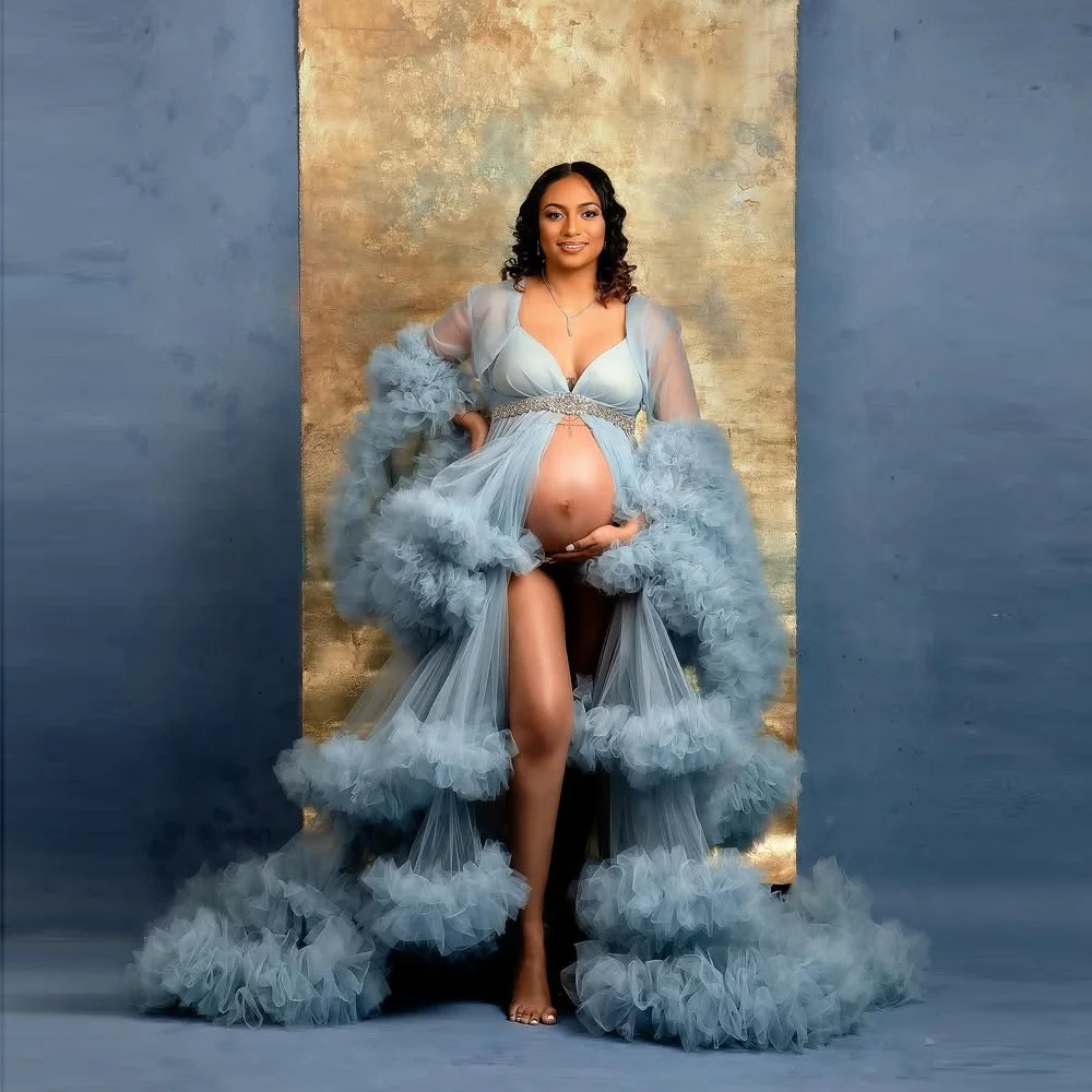 Vestidos de maternidade azuis sem faixa, fotografia, elegância, vestido longo de maternidade, mangas em camadas, vestidos maxi fofos para chá de bebê