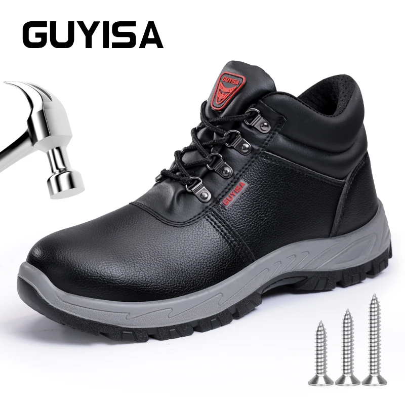 

GUYISA Safety boots Safety shoes men Waterproof Work shoes Oil proof Steel toe Size 37-45 Black Anti smashing and anti stabbing