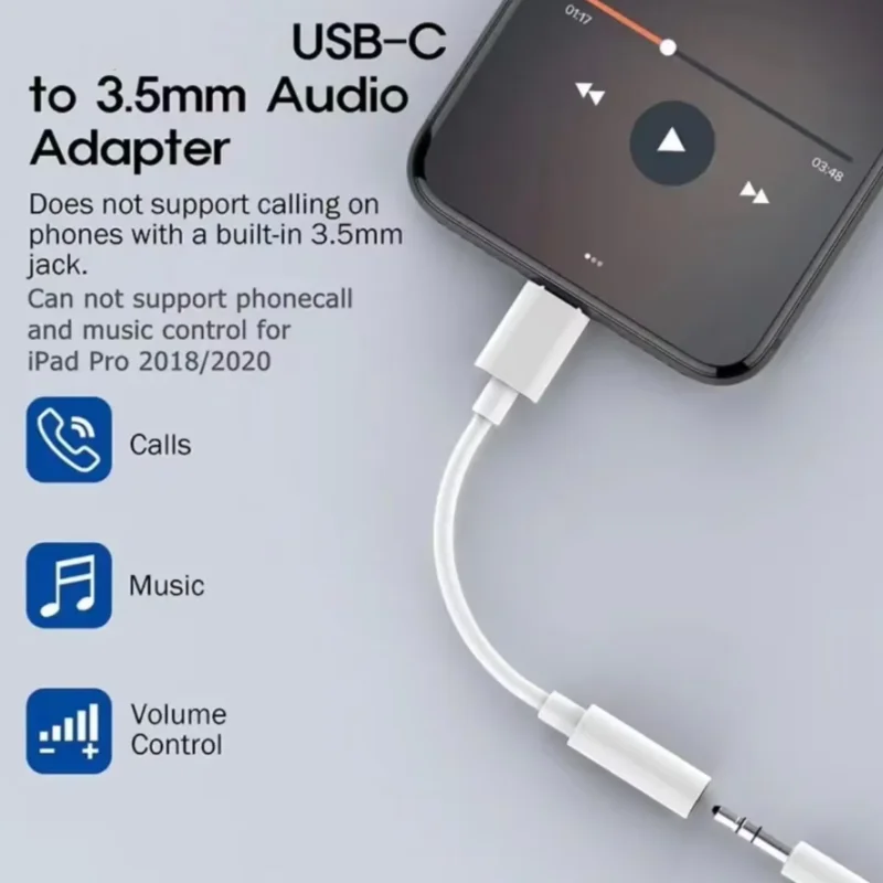 Type C to 3.5mm Aux Audio Cable USB-C Headphone Jack Adapter Music Play Volume Control Converter Wire Black White