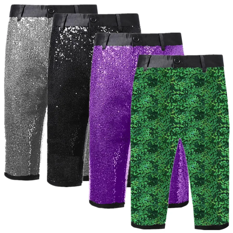 Fashionable Men's Sequined Slim Fit Shorts Silver / Purple / Green Male Bar KTV Casual Trendy Shorts
