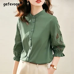 Summer New Stand Collar Embroidery Hollow Out Shirt Female Solid 3/4 Sleeve All-match Tops Women Buttons Casual Fashion Blouse